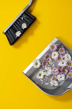 Flatlay composition with cleaners on yellowの写真素材
