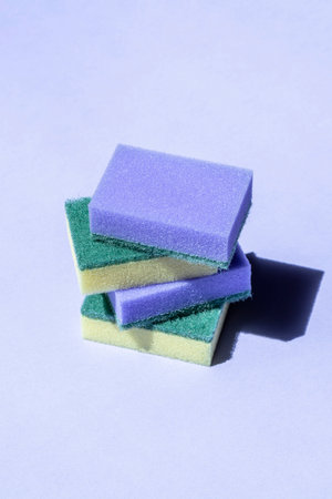 sponges for dishwashing close-up on purpleの写真素材