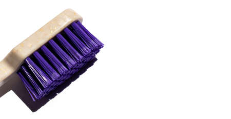 Close up of plastic toothbrushes. white background. Free copy space.の写真素材