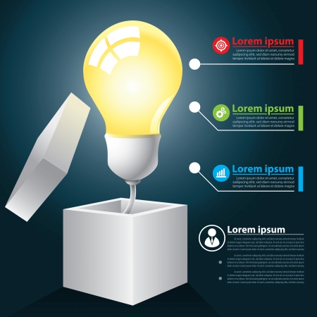 Light bulb with box infographic, thinking outside the box and open idea concept. Can be used for layout, web design, brochure, flyer, leaflet, infographicsのイラスト素材