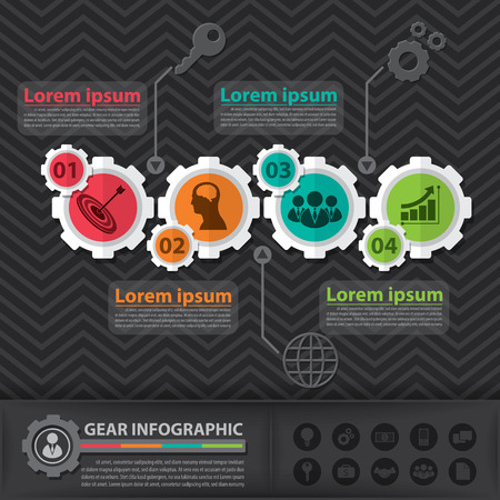 Gear infographic. Flat design. Vector illustration. Can be used for layout, web design, cover design, brochure, flyer, leaflet, infographics, template, diagram, number optionsのイラスト素材