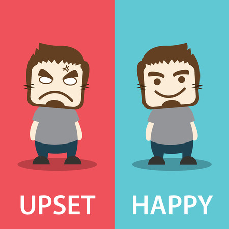 Before and after, unhappy man becomes very happy man. Vector illustration. Flat design. Emotion conceptのイラスト素材