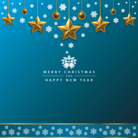 Merry Christmas and Happy New Year typography on Blue background with Gold ball, gold star and snowflake. Vector illustration.のイラスト素材