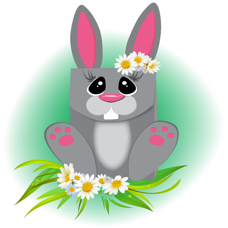Cute bunny.Easter cartoon bunny isolated on green background.のイラスト素材