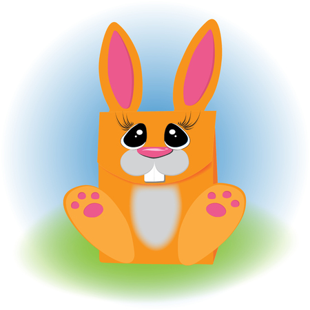 White bunny with bright orange carrot, rabbit. Animal art, cute cartoon style, vector hand drawn illustration. Suitable for pet shop or zoo ads, label design or animal food package elementのイラスト素材