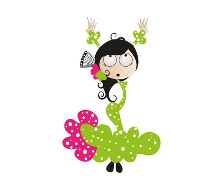 Haired flamenco dancer in a bright dress Beautiful woman in a green pink dress dancing flamenco.の写真素材