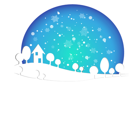 Merry Christmas and Happy New Year 2019 of snowy home town with typography font message. Blue color Paper art and digital craft Illustration  celebrate invitation wallpaper card. Holiday winterのイラスト素材
