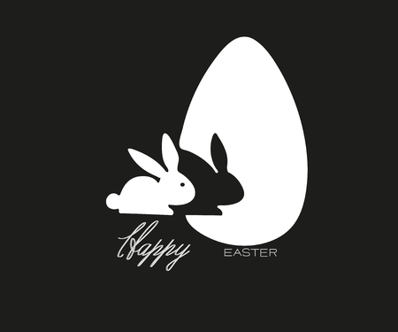 Cute easter bunny vector illustration, hand drawn face of bunny. Greeting card with Happy Easter writing. Ears and tiny muzzle with whiskers. Isolated on white background.の写真素材