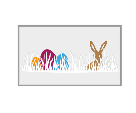 Happy easter day. Celebration. banner for Easter day with a blue background, green grass and colored eggsのイラスト素材