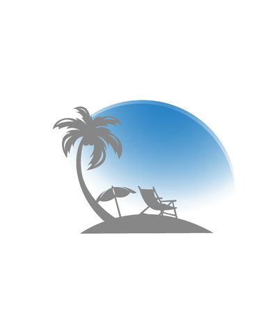 Umbrella and sun lounger on the beach and a palm tree. Beach chair, ball and starfish with sea on tropical background.  illustration in flat styleの写真素材