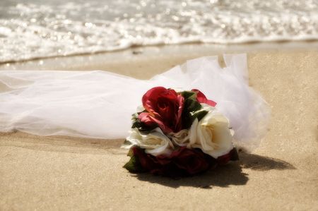 floral bridal bouquet on beachの写真素材