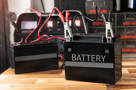Charging motorcycle battery at garage,concept of motorcycle maintenance and repair.の写真素材