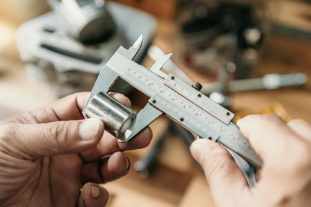 Hand of mechanic holding Vernier Caliper Measurements on a steel Shaft Bush or motorcycle part at motorcycle shop , selective focus,の写真素材