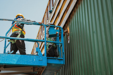 Two workers man on Scissor hydraulic lift or X-lift and use Electric wheel grinding or angle grinder...