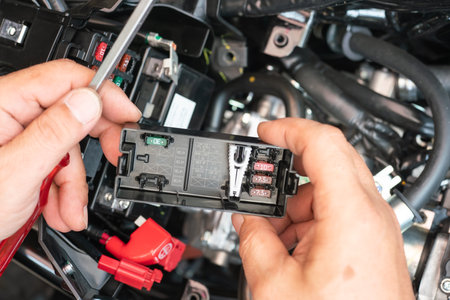 Mechanic holding Fuse box lid cover and Fuse Box Diagram or fuse specification chart on...