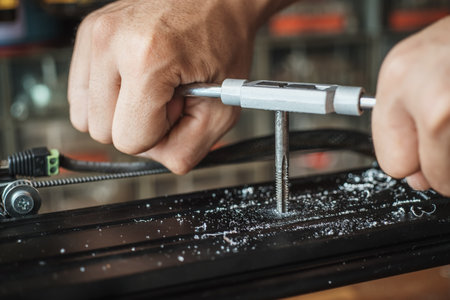 Man use screw hand tap cutting tool. tap and drill bit making hole in aluminum rail .selective focusの写真素材