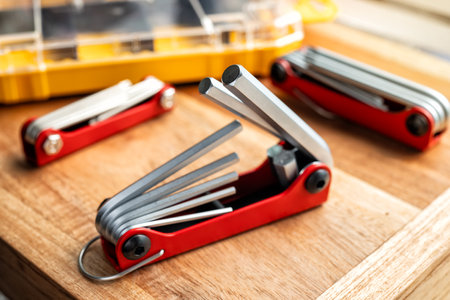 Hand tools,Folding Hex Key Set on desk. Folding Hex Key  design for slipping in pocket or for easy storage.の写真素材