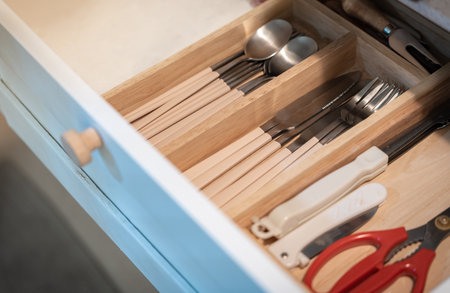 Open kitchen drawer with silverware , Kitchenware and dining accessories in drawerの写真素材