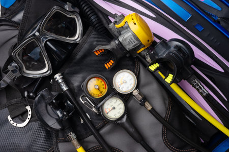 Scuba equipment Scuba Fins, Regulator Octopus, Depth Gauge , Balanced Regulator ,Power Inflator ,Dive Mask and Snorkel , Scuba Gear for a Dive on a Boatの写真素材