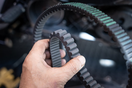 Motorcycle mechanic check the condition of motorcycle transmission belt for broken teeth,working at...