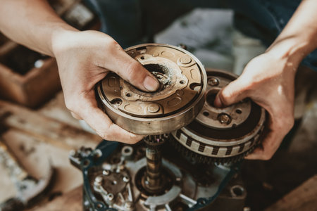 Motorcycle Engine Rebuild,  Motorcycle mechanic repairing gearbox,working at garage, maintenance and...