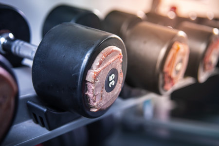 rubber dumbbells on stand in gym, rubber cover on the dumbbell is torn and damaged ,Gym equipment...