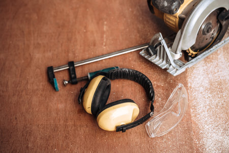 Essential Tools for DIY and Construction ,Safety First in Woodworking conceptの写真素材
