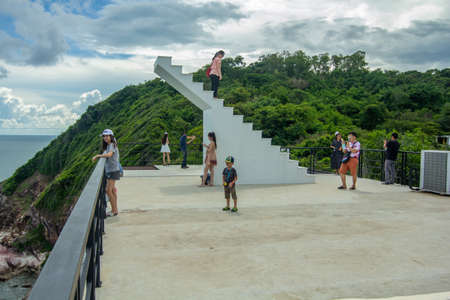 Sky view cafe, Chanthaburi, Thailand. May 31, 2020 :Tourists happily at viewpoint of sky view cafe, Pha Sukniran View Point,Tourists taking pictures, enjoying the atmosphere, Chanthaburiのeditorial素材