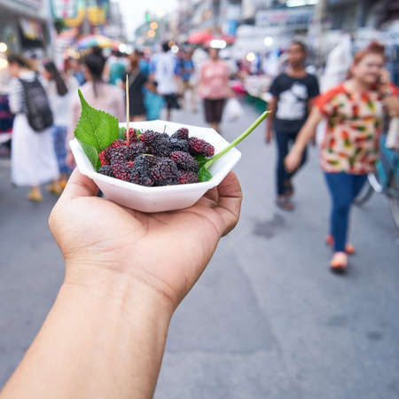 Hands holding bowl of mulberries at Chiang Mai Walking Streetの写真素材