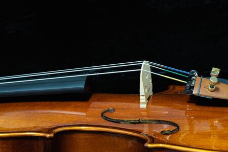 Close up of wooden violin on a dark backgroundの写真素材