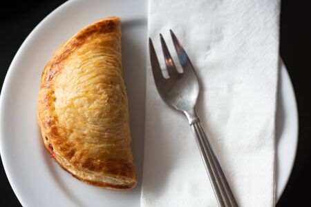 Barbecue pork pie on a white plate with black backgroundsの写真素材
