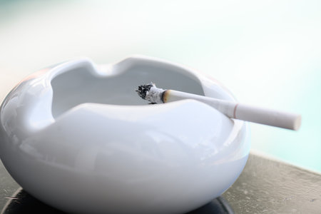 Cigarettes are placed in a white ceramic ashtray.