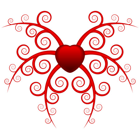 red heart and symetric floral design with spirals.のイラスト素材