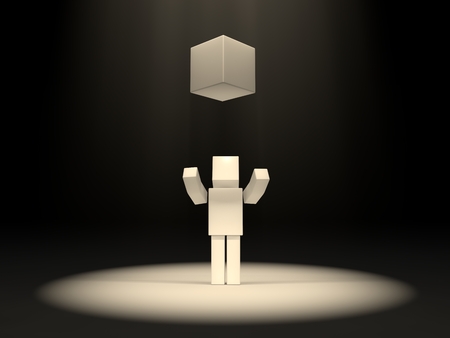 cubic character and sacred cube under light rays.の写真素材