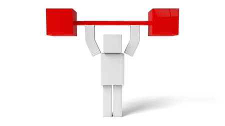 simple 3d cubic character, lifting weight. isolated on white.の写真素材