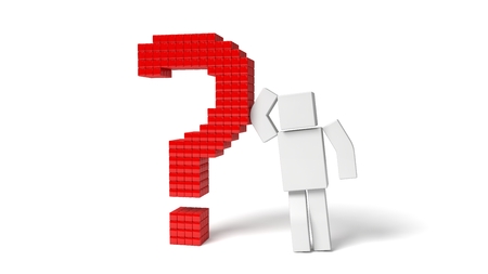 simple 3d cubic character and red question mark. isolated on white.の写真素材