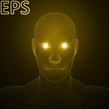 conceptual illustration of spiritual energy. powerful energy beams at eyes of wireframe human head. golden color version.のイラスト素材