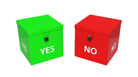 3d illustration of dual vote box. green and red box. isolated on white.の写真素材