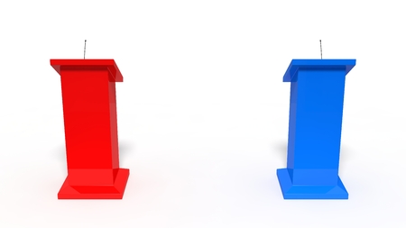 3d illustration of conceptual debate tribune. isolated on white. red versus blue.の写真素材