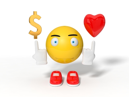simple yellow smiley ball character point out dollar symbol and heart. isolated on white. 3d illustration.の写真素材