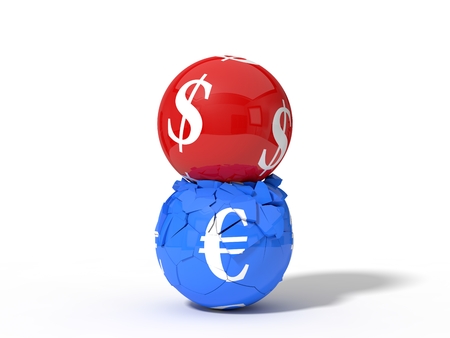 3d illustration of crashing dollar and euro currency balls. isolated on white background.の写真素材