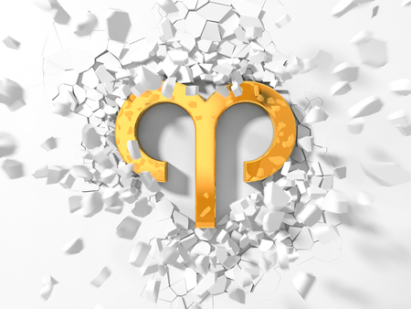 golden aries symbol hitting to wall and flying pieces around.の写真素材
