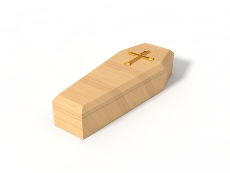 simple wooden coffin, conceptual 3d illustration.の写真素材