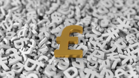 golden pound sign on stack of white currency signs. 3d illustration