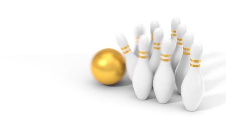 golden bowling ball and pins. 3d illustrationの写真素材