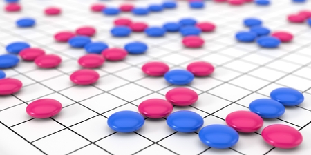 Traditional asian goban board and weiqi go game. male and female themed colors. 3d illustration