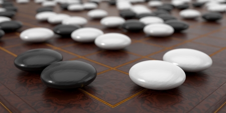 Close up view of traditional asian goban board and weiqi go game. 3d illustration