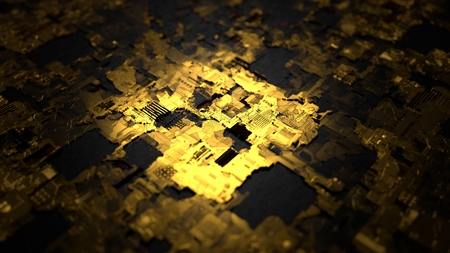 3d illustration of technological surface with gold and black geometric shapes. suitable for technology themes.の写真素材