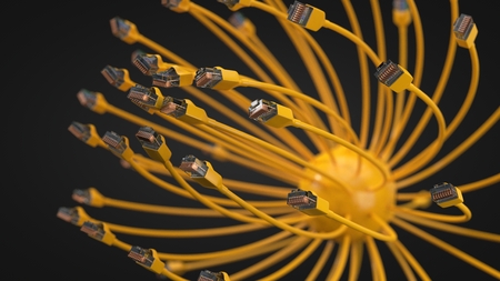 yellow internet cables and sphere. conceptual 3d illustration of ethernet cable and rj-45 plug.の写真素材