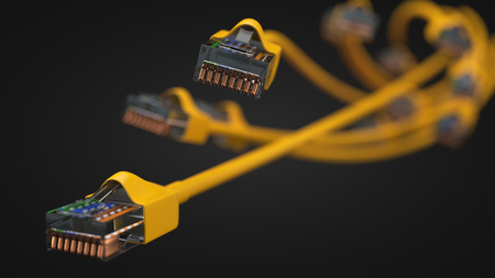 yellow internet cables. conceptual 3d illustration of ethernet cable and rj-45 plug.
